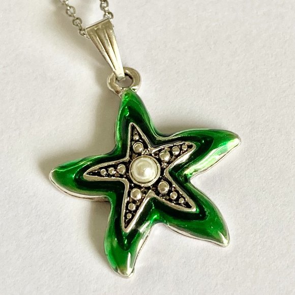 Starfish Necklace Choker Pearl Green Enamel 16-19" Chain Silver Plated Sea Life - Picture 2 of 8